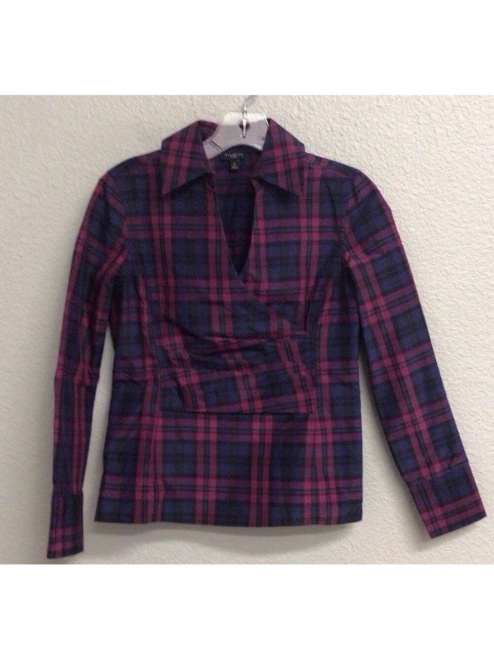 Talbots Navy Blue Purple Scottish Plaid Faux Wrap Blouse Silk Blend Size 2P